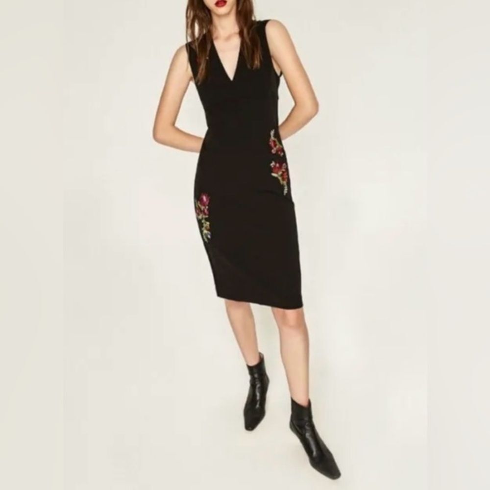 Zara black mini sleeveless dress with floral details for work